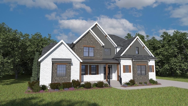 view of front of home with stone siding, a front lawn, board and batten siding, and roof with shingles