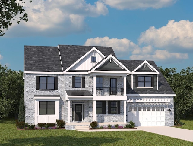 view of front of house featuring a balcony, concrete driveway, board and batten siding, and a front yard