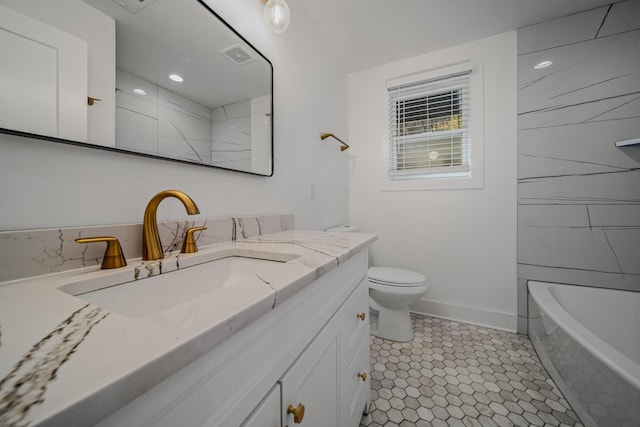 full bathroom featuring a shower, toilet, tile patterned floors, vanity, and a bath