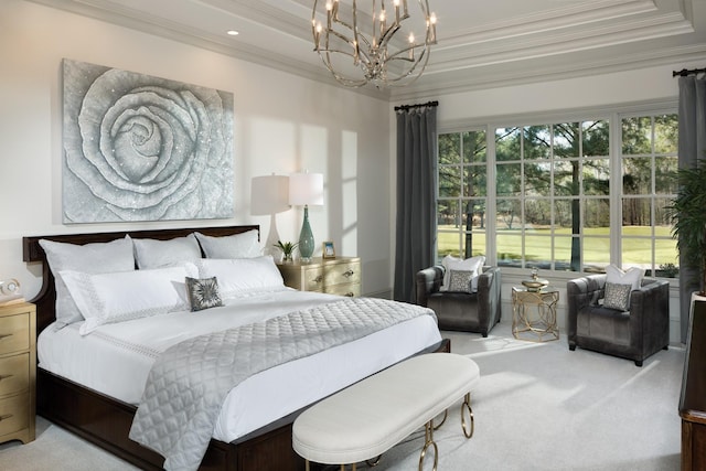 carpeted bedroom featuring ornamental molding, a raised ceiling, and an inviting chandelier