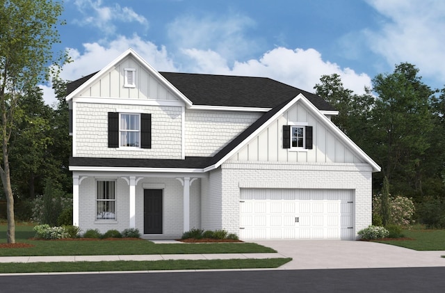 modern inspired farmhouse featuring board and batten siding, brick siding, concrete driveway, and a front yard