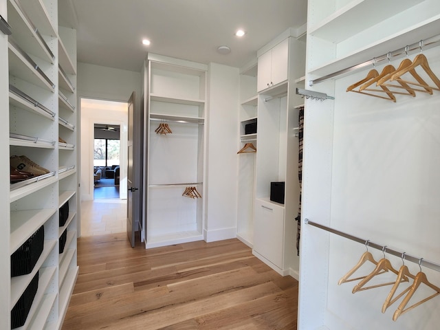 walk in closet with light wood-style flooring