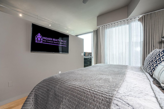 bedroom with rail lighting, baseboards, and wood finished floors