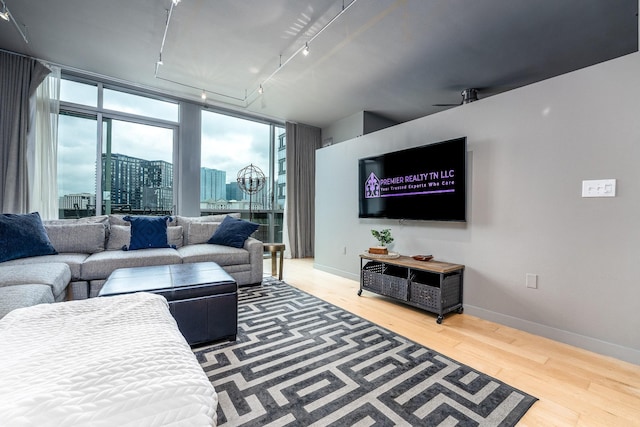 living area featuring rail lighting, baseboards, and wood finished floors