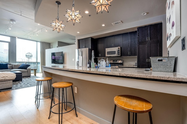 kitchen featuring light wood finished floors, appliances with stainless steel finishes, a wall of windows, and dark cabinetry