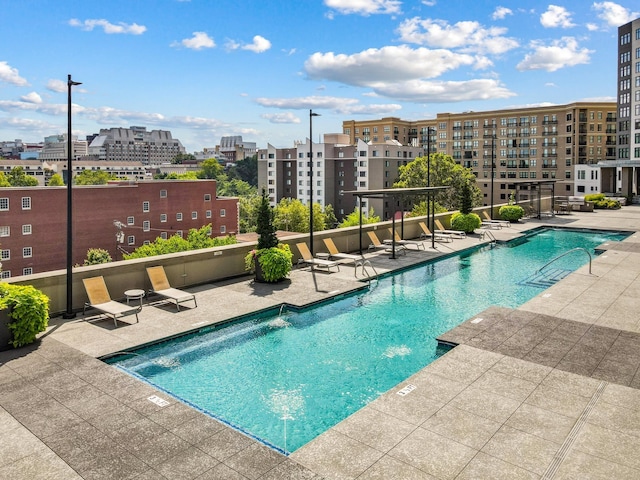 community pool featuring a view of city and a patio