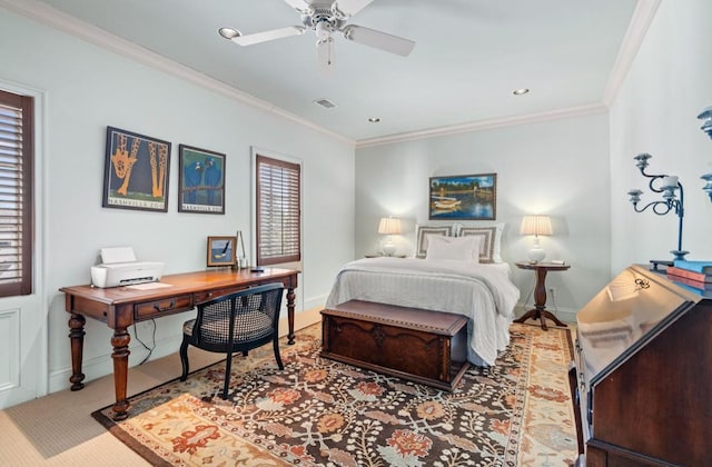 carpeted bedroom featuring baseboards, recessed lighting, visible vents, and crown molding