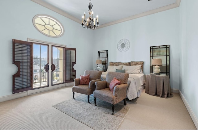 bedroom featuring a notable chandelier, carpet flooring, access to exterior, baseboards, and crown molding