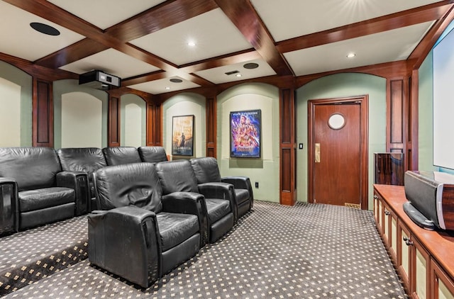 home theater with carpet, coffered ceiling, beam ceiling, and recessed lighting