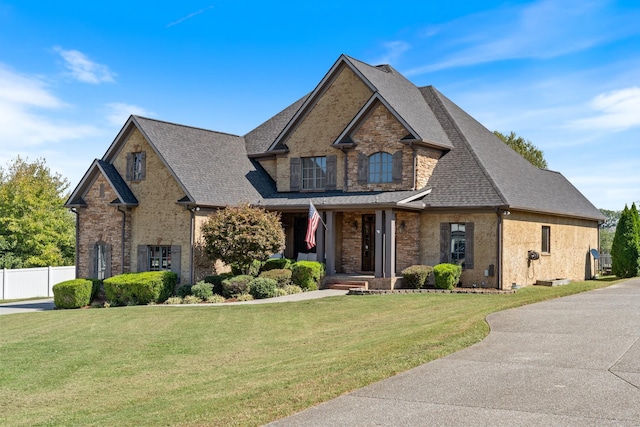 view of front of property featuring a shingled roof, a front yard, brick siding, and fence