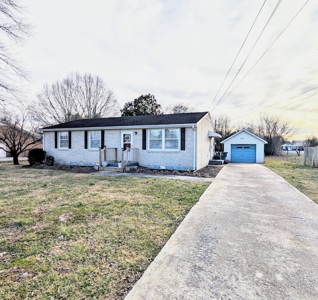 view of front facade featuring a garage, brick siding, an outdoor structure, driveway, and a front yard