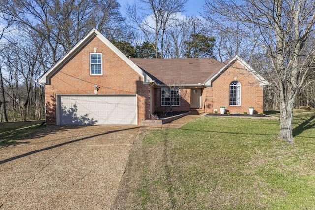 view of front facade with brick siding, a shingled roof, a front lawn, a garage, and driveway