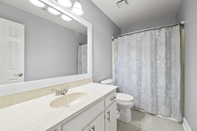 full bath featuring visible vents, toilet, vanity, and tile patterned flooring