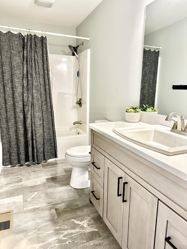 full bathroom with toilet, shower / bathtub combination with curtain, visible vents, and vanity