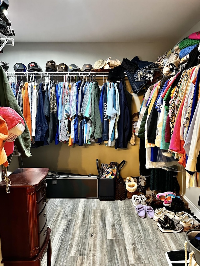 walk in closet with wood finished floors