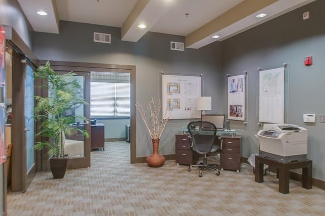 office area with visible vents, carpet flooring, beam ceiling, and recessed lighting