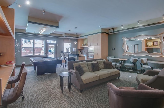 playroom with pool table, dark carpet, and baseboards