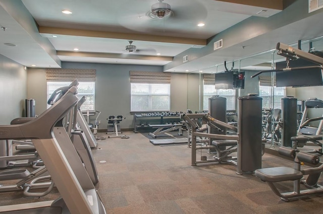 workout area with recessed lighting, visible vents, and ceiling fan