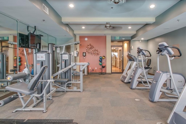 exercise room with recessed lighting, visible vents, and baseboards