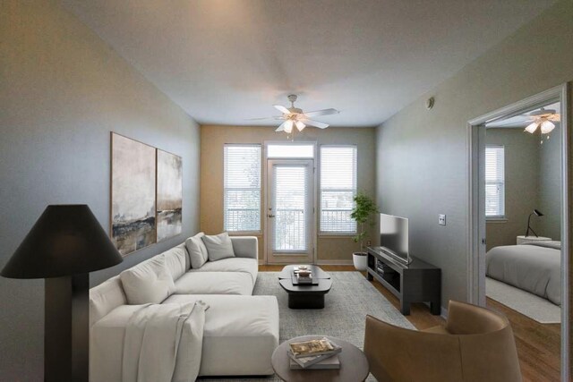 3000 Vanderbilt Pl Unit 421, Nashville, TN 37212 - living room featuring wood finished floors and ceiling fan