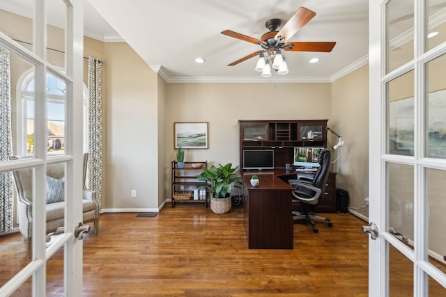 office area featuring recessed lighting, ornamental molding, wood finished floors, and french doors