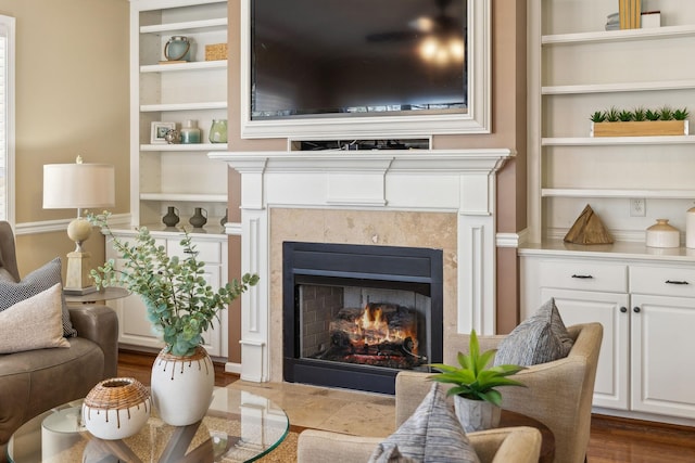 living area with a premium fireplace and built in features