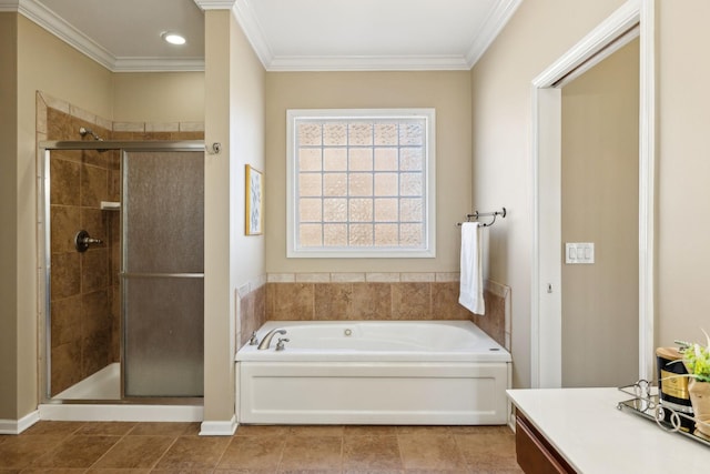 bathroom with crown molding, a shower stall, and a bath