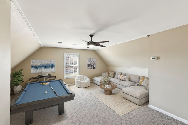 playroom with lofted ceiling, pool table, carpet flooring, ceiling fan, and baseboards