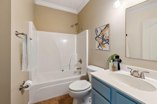 bathroom featuring toilet, ornamental molding, tile patterned floors, vanity, and washtub / shower combination