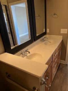 full bath featuring wood finished floors, a sink, and double vanity