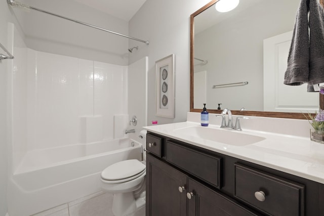 full bathroom with vanity, shower / tub combination, tile patterned flooring, and toilet