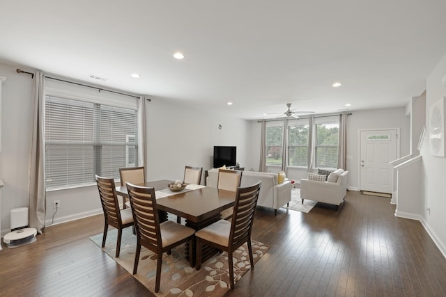 dining room with dark wood-style floors, baseboards, a ceiling fan, and recessed lighting