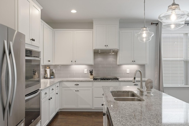 kitchen featuring appliances with stainless steel finishes, a sink, white cabinets, and under cabinet range hood