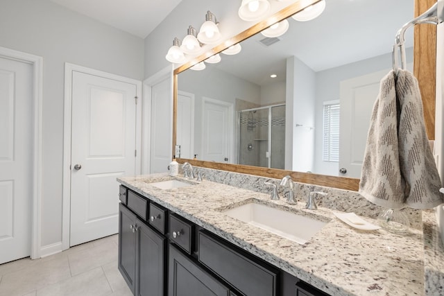 full bathroom with a stall shower, visible vents, a sink, and tile patterned floors