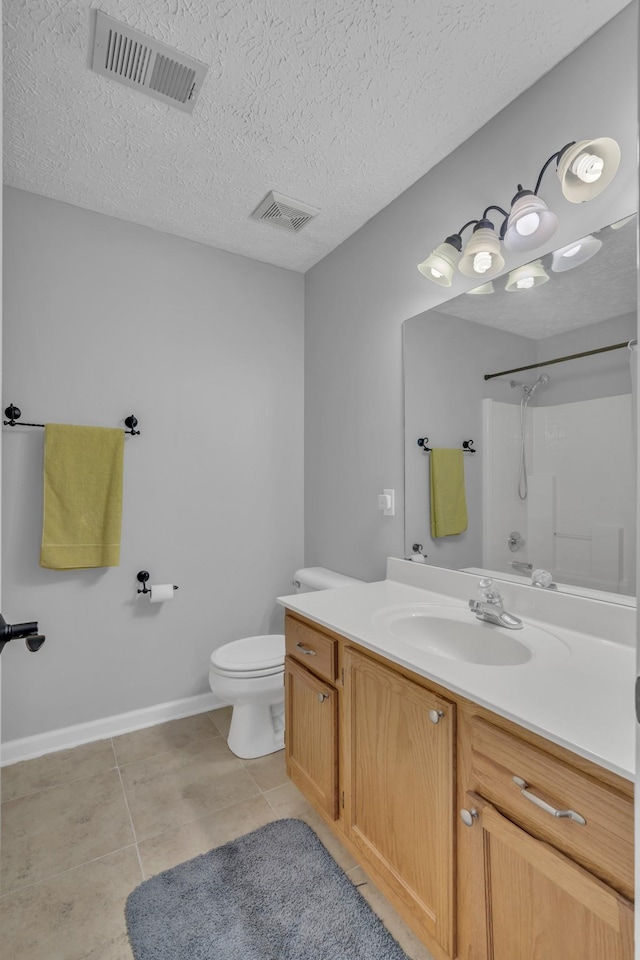 full bathroom with toilet, visible vents, walk in shower, and tile patterned floors