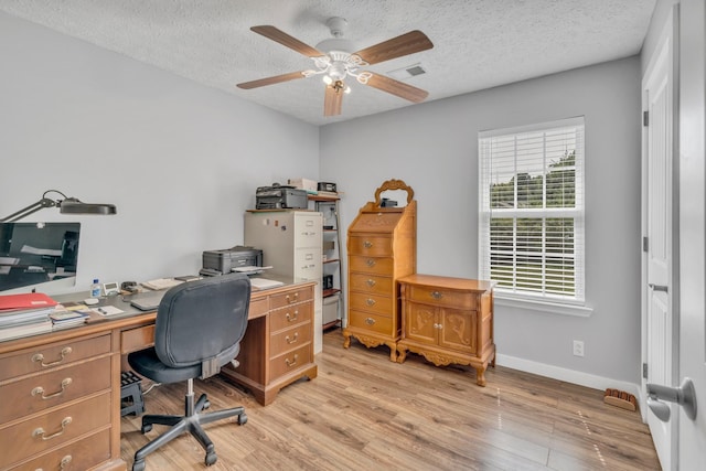 office space with light wood finished floors, visible vents, ceiling fan, a textured ceiling, and baseboards