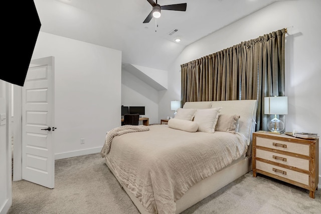 bedroom featuring lofted ceiling, recessed lighting, light colored carpet, visible vents, and baseboards