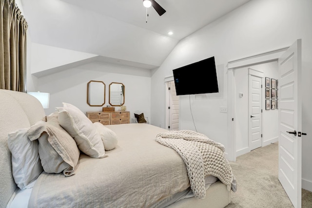 bedroom featuring vaulted ceiling, recessed lighting, a ceiling fan, and light colored carpet