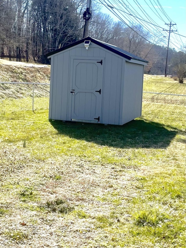 view of shed featuring fence