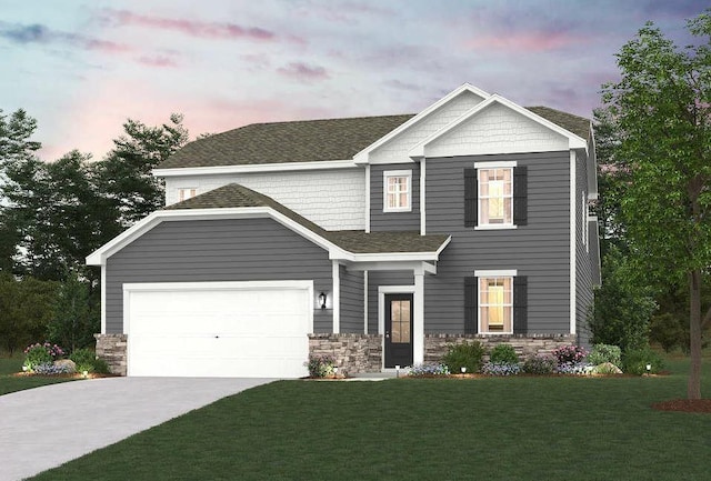 view of front of home with a garage, driveway, stone siding, roof with shingles, and a front yard