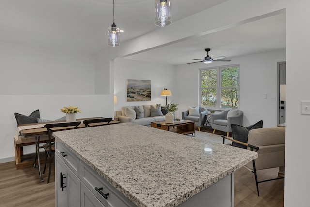 kitchen with light wood-style floors, open floor plan, and light stone counters