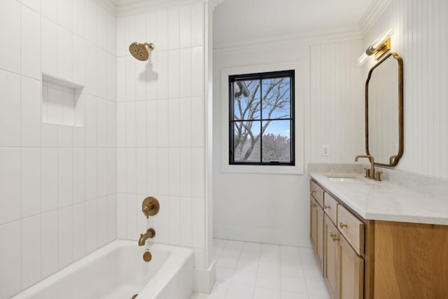 full bath featuring washtub / shower combination, crown molding, vanity, and baseboards