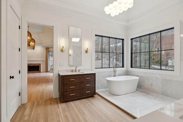 full bathroom featuring a fireplace, a soaking tub, ornamental molding, vanity, and wood finished floors