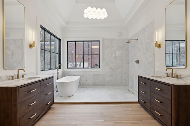 bathroom featuring wood finished floors, ornamental molding, a sink, and a tile shower