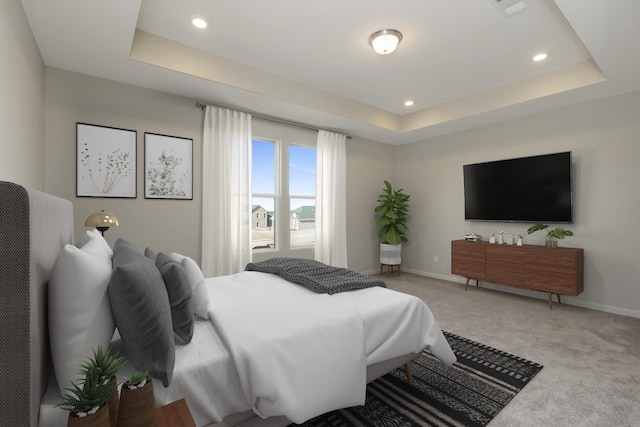 carpeted bedroom featuring recessed lighting, a raised ceiling, and baseboards