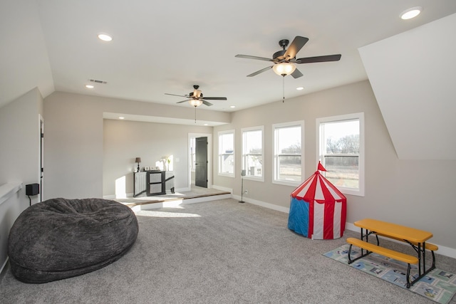 game room featuring visible vents, baseboards, carpet, vaulted ceiling, and recessed lighting