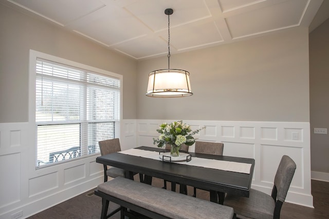 dining room featuring visible vents, a decorative wall, dark wood-type flooring, wainscoting, and coffered ceiling