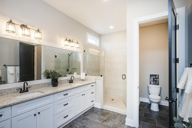 full bathroom featuring double vanity, a sink, toilet, and a shower stall