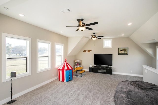 recreation room with carpet floors, recessed lighting, visible vents, and baseboards