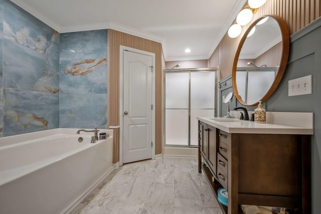 full bath with a stall shower, marble finish floor, crown molding, vanity, and a bath